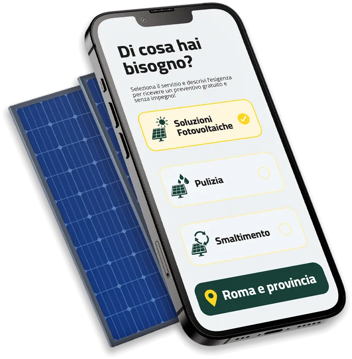 mockup telefono con elenco servizi e pannelli solari sullo sfondo